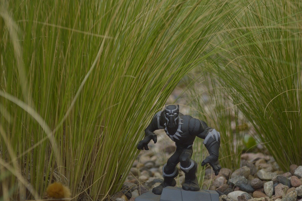 Figurine de Black Panther dans les herbes